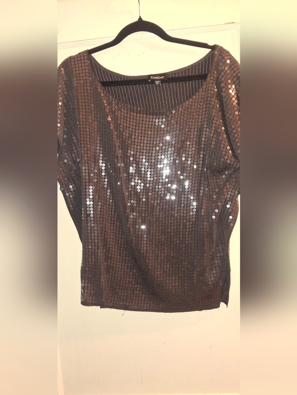 bebe Brown Sequin Short Sleeve Scoop Neck Top